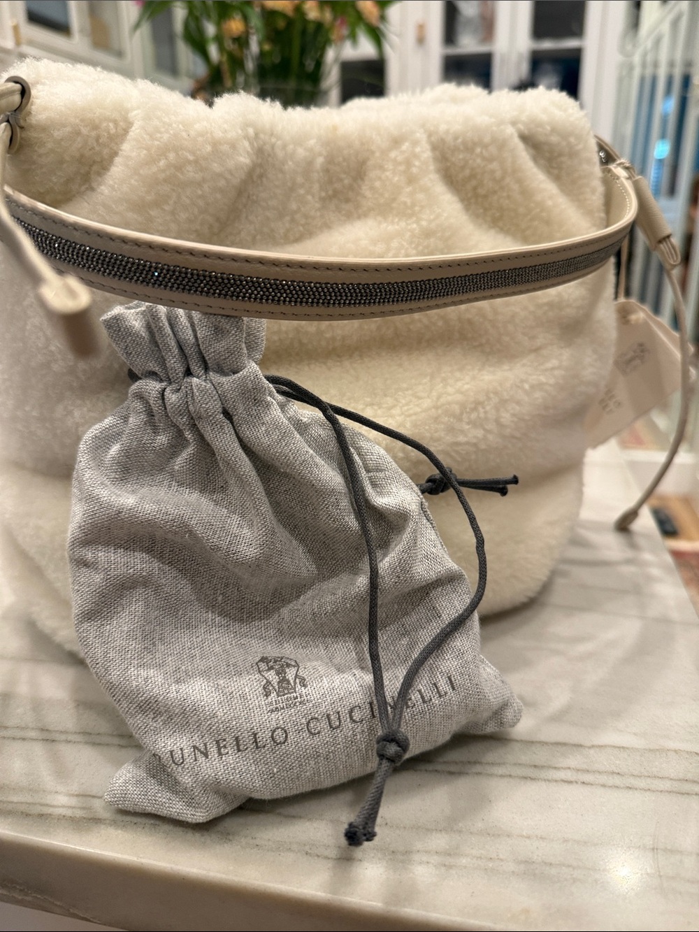 Brunello Cucinelli Cream Shearling Shoulder Bag with Leather Trim
